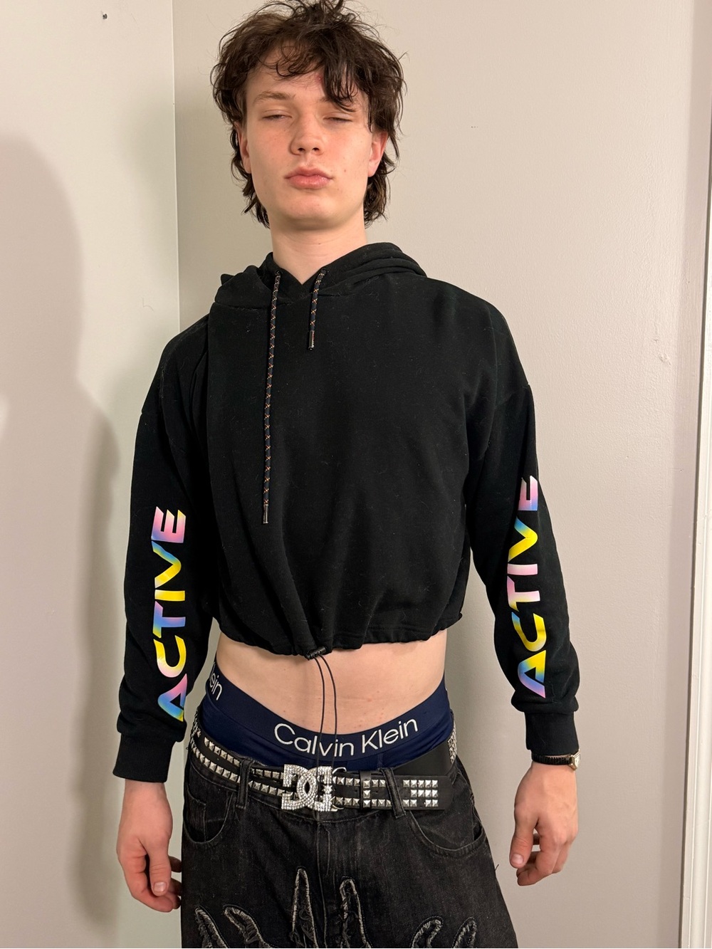 ZYIA Black Cropped Hoodie with Rainbow 'ACTIVE' Sleeve Print